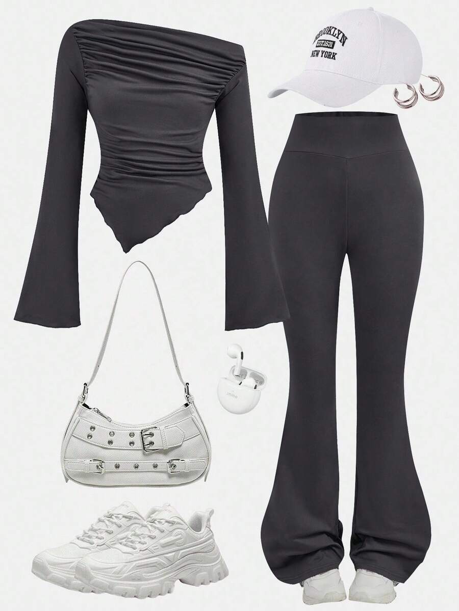 SHEIN Girlism 青少年女孩 2 件套休闲浅灰色褶皱长袖修身针织上衣和喇叭裤套装，适合居家和户外，旅行装机场，休闲日常装女孩服装套装全套服装套装灰色女孩服装 - 深灰色 - 查看 1