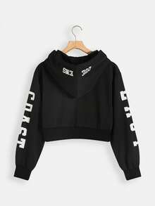 SHEIN EZwear Women's Black East Coast Graphic Cropped Drawstring Hoodie,Fall - Black - View 2