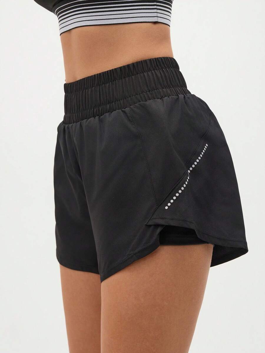 SHEIN Sports 女式松紧腰圆点印花宽松休闲短裤 - 黑色 - 查看 1