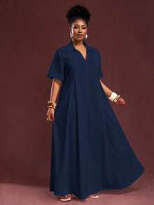 Slaydiva 2025 Spring/Summer New Arrival Vacation & Commute & Casual White Loose Short Sleeve V-Neck Pleated A-Line Maxi Shirt Dress For Plus Size Women