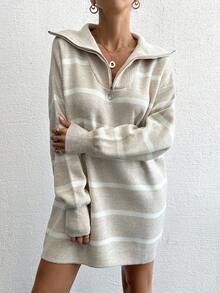 EURMUSE Striped Pattern Quarter Zip Drop Shoulder Sweater - White - View 3