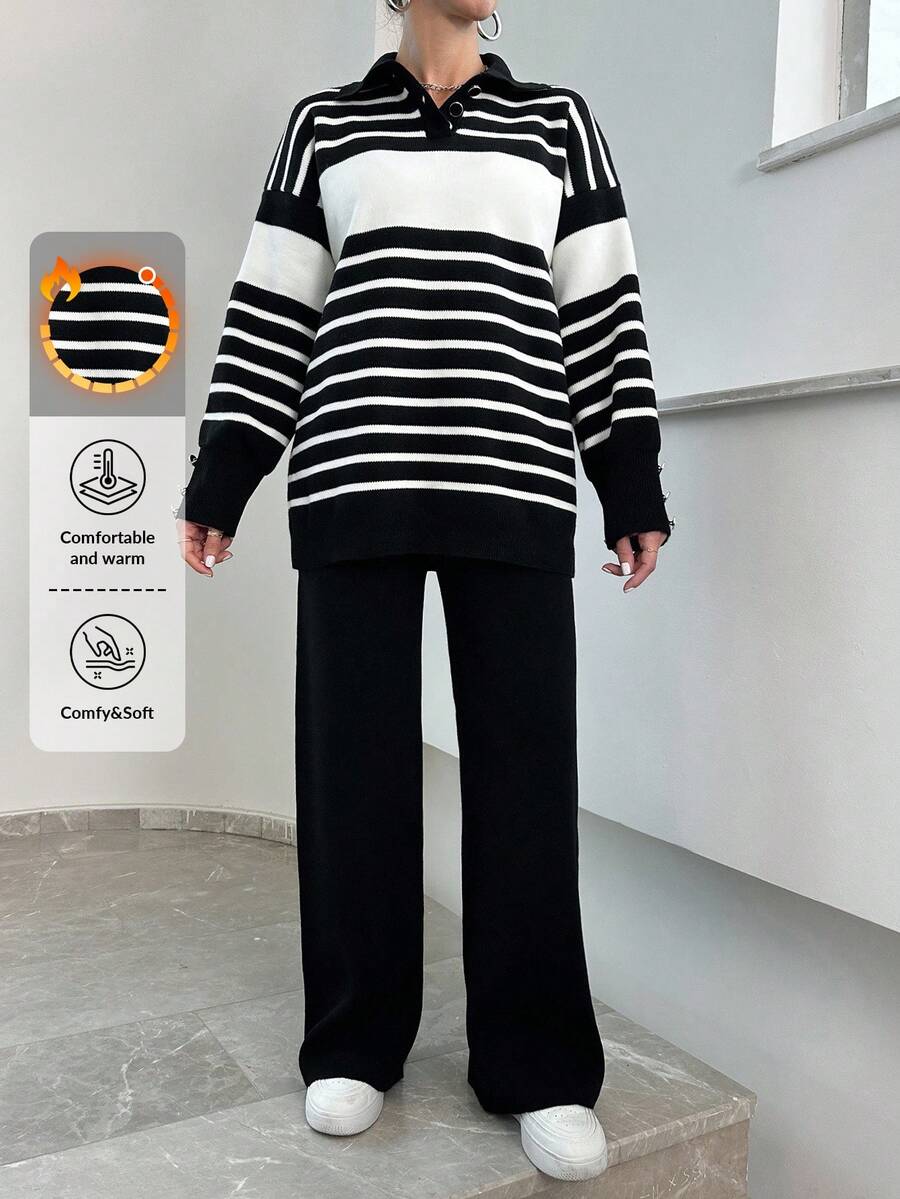EURMUSE Women's Striped Sweater And Solid Color Long Pants Two Piece Set - Black - View 1