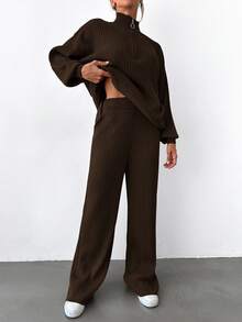 EURMUSE Women's Solid Color Zip-Up Half Placket Drop Shoulder Long Sleeve Long Sweater And Flared Pants Casual 2-Piece Set, Autumn/Winter - Coffee Brown - View 5