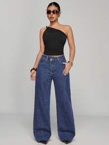 SHEIN PETITE Women's Asymmetric Waist Pocket Wide Leg Loose Casual Denim Pants ,Petite Women - Dark Wash - View 2