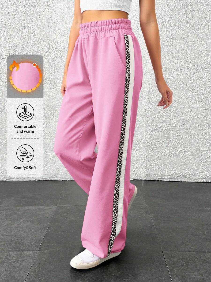 EURMUSE Women's Streetwear Leopard&White Shell Fabric Side Tape Wide Leg Sweatpants Going Out Sets Fleece - Pink - View 1