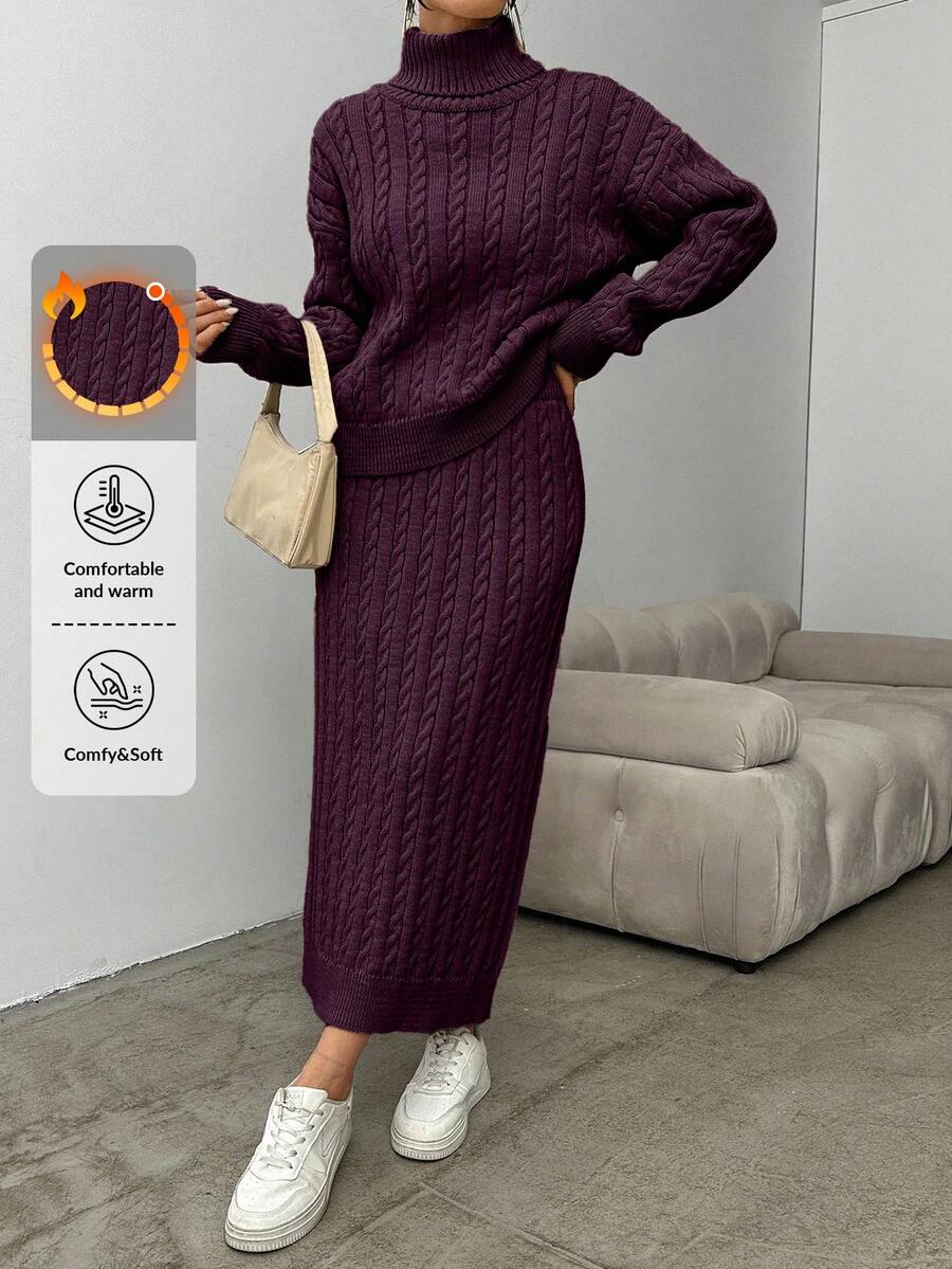 EURMUSE Women's Casual Solid Color Turtleneck Sweater And Knit Skirt 2 Pieces Set, Autumn/Winter,Petite - Burgundy - View 1