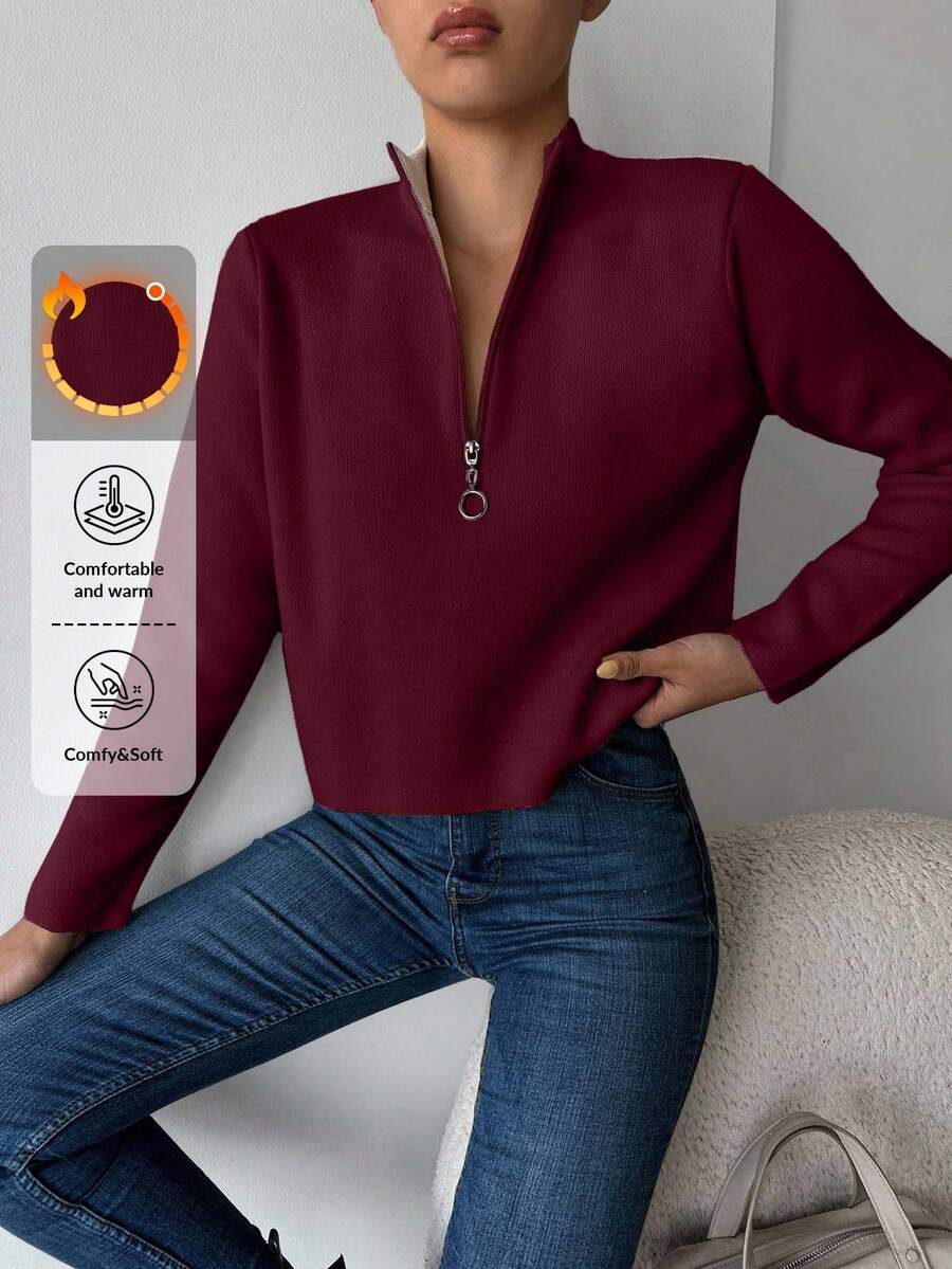 EURMUSE Women's Solid Color Zip-Up Half-Placket Long Sleeve Casual Sweater - Burgundy - View 1