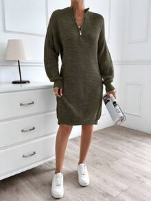EURMUSE Women Plain Knit Design Knit Dress With Zipper Detail - Army Green - View 7