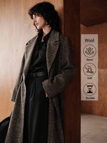 Zovinel Women's Houndstooth Wool Blend Long Jacket, Casual Business Commute Outerwear For Autumn/Winter