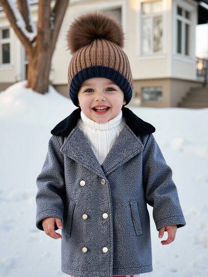 SHEIN 男婴冬季长袖双排扣纯色毛领中长款外套，时尚百搭，适合户外旅行、露营和居家穿着。舒适精灵男婴，男婴冬季服装，男婴冬季外套，男婴大衣。