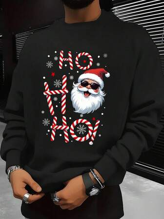 Wesołych Świąt męska modna bluza z okrągłym dekoltem i kreskówkowym, uroczym Świętym Mikołajem, lizakiem i napisem, odpowiednia na świąteczne przyjęcie i wyjście, jesień/zima