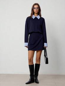 Hanevo Collared Striped Patchwork Long Sleeve Sporty Casual Collegiate Style Dress For Women Fall Cloth For Women