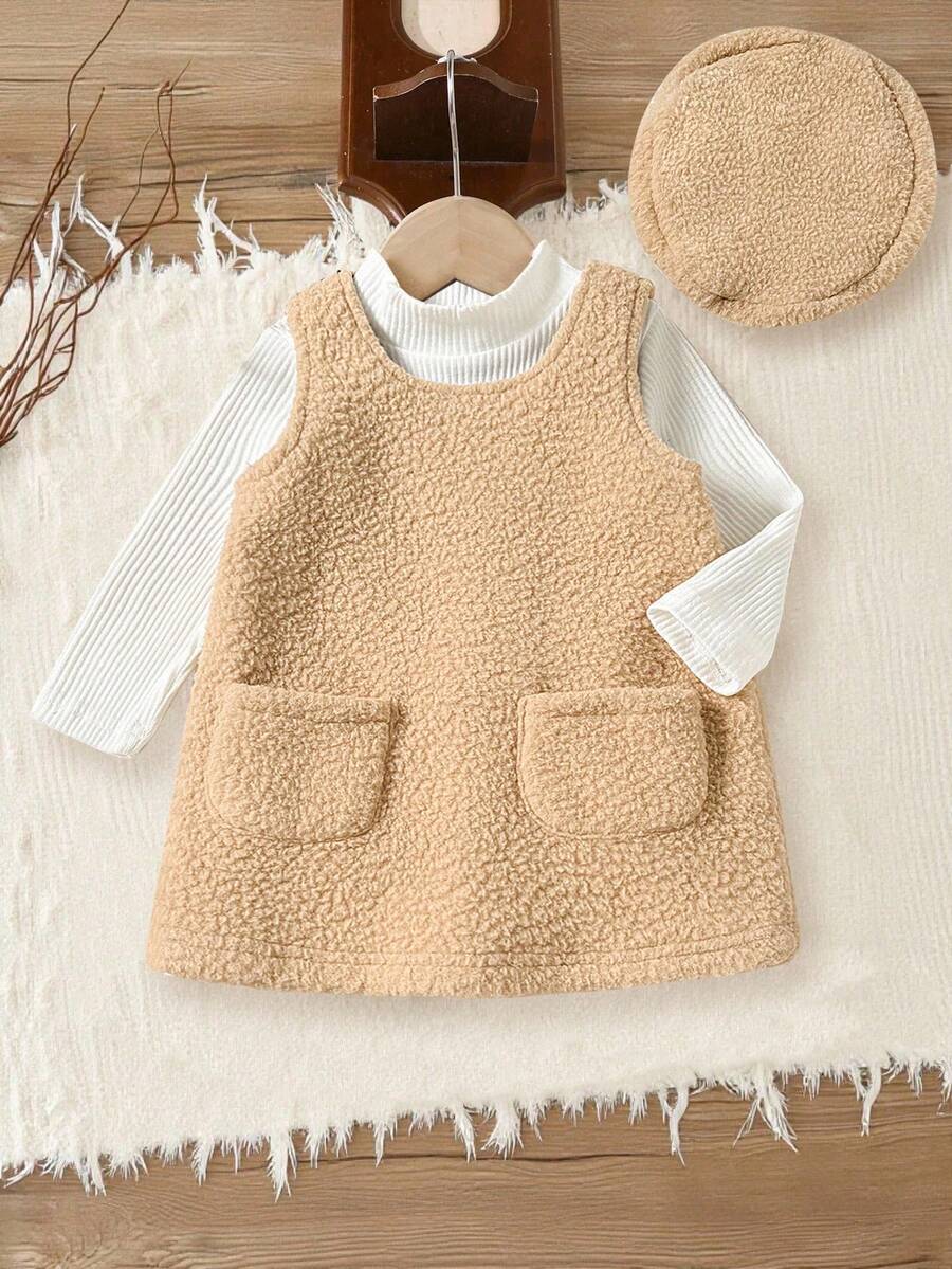 Vestido de niña con chaleco y boina, de estilo retro elegante y casual versátil para exteriores, de tela de calabaza camel, con cuello redondo, cremallera, sin puños y bolsillo, en estilo de otoño e invierno, cálido para el exterior, para uso diario - Caqui - Ver 1