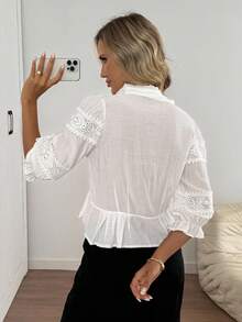 Easowa 拼接立领纽扣荷叶边灯笼袖休闲度假优雅女式衬衫，适合度假、西式服装、乡村音乐会、娃娃衫、可爱夏季上衣、音乐会、全白派对等场合。 - 白色 - 查看 2