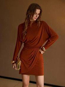 MOTF PREMIUM WOMEN'S FUNNEL NECK KNIT RUCHED WRAP HEM BODYCON DRESS