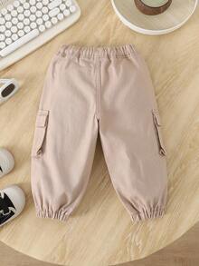 Baby Boy Casual Soft Basic Drawstring Waist Cargo Pocket Khaki Denim Jogger Pants, Fall Winter,Casual And Versatile For Baby Fall/Winter Dailywear And Streetwear, Christmas,New Year,Thanksgiving - Khaki - View 2