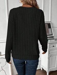 Calvaya 女式罗纹 V 领运动衫、长袖上衣 - 黑色 - 查看 2