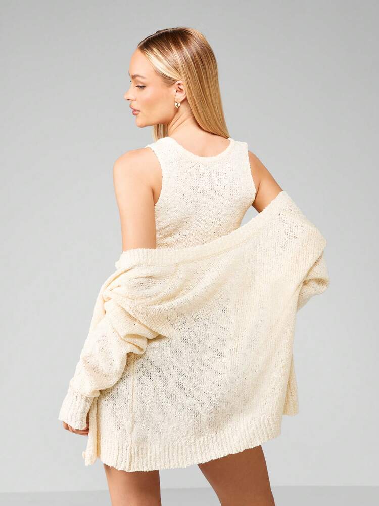 MISSGUIDED Luxury Knitted Boucle Co Ord Set Tank Top And Long Cardigan Sweater Fall Winter Warm Cozy Textured Knitwear Loungewear Outfit
