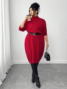 Elenzga Christmas Plus Size Thick Knitted Long Dress, Loose Solid Color Sweater Dress With Drawstring - Burgundy - View 7