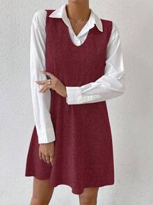 SHEIN LUNE 女式纯色V领无袖休闲针织连衣裙，秋冬 - 酒紅色 - 查看 4