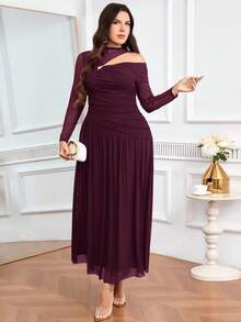Modelyn Vestido ajustado de unicolor elegante con hombros descubiertos y volantes de malla para mujer talla grande, primavera/otoño - Burdeos - Ver 4