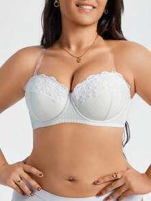 1 Áo ngực không dây đệm mút thêu vải Jacquard cỡ lớn, thoải mái, có gọng, nâng ngực - trắng - Xem 6