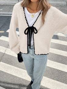 Serisse Women's Casual Contrast Color Trim Lace-Up Cardigan, Autumn/Winter,Cozy Fall And Winter Clothes For Women - Apricot - View 4