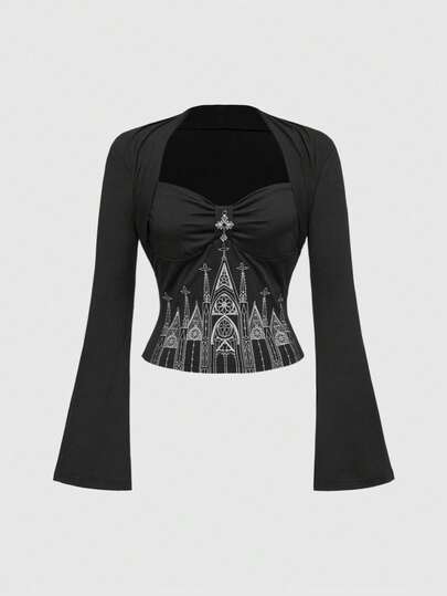 Goth Camiseta de mujer de manga larga elástica de unicolor con bordado de cruz de castillo gótico vintage
