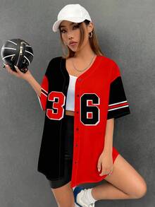 SHEIN EZwear 女式宽松前开短袖棒球衫，36码，适合夏季运动，黑色和红色 - 紅色和黑色 - 查看 3