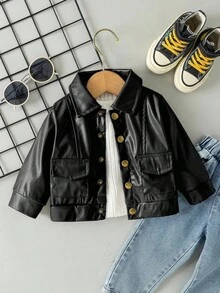 SHEIN Baby Boy Leather Patch Pocket Lapel Casual Jacket, Fashionable And Cool, Suitable For Autumn/Winter, Suitable For Daily Outings, Vacations, Parks, And Photography Baby Boy Biker Jacket Baby Boy Leather Jacket Baby Coat Baby Jacket Coats Winter Jacket Fall Winter Baby Boy Fall Winter - Black - View 3