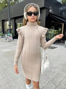 SHEIN Tween Girls Cute Cap Sleeve Fitted Pullover Knit Dress, Sweet & Fashionable Casual Versatile Autumn Winter Clothes FGirlmen - Apricot - View 4