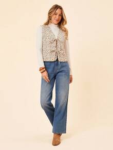 Coeurva Woven Printed Sleeveless Loose Vest Jacket For Women, Suitable For Vacation In Fall/Winter