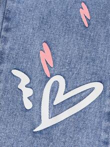 Ripped Heart Print Frayed Edge Straight Leg Jeans For Young Girls, Cute & Casual, Suitable For School, Outing, Party Fall Winter