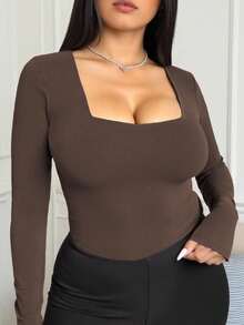 Zyxie Camiseta cuadrada de cuello cuadrado de unicolor casual de talla grande, otoño