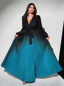 Viva Relle 大码女式优雅渐变色交叉领雪纺透明袖系带蝴蝶结褶皱连衣裙，百搭设计，适合派对、外出 - 彩色 - 查看 2