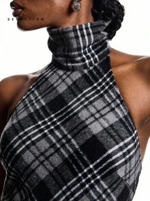 LYSMO Vestido largo asimétrico con escote halter y espalda descubierta a cuadros de moda - Multicolor - Ver 7