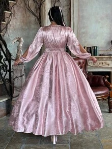 Lyrianda Plus Size Women's V-Neck Waist Cinched Long Sleeve Flowing Satin Textured Elegant Vintage Casual Cocktail Party Dress