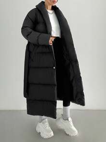 SHEIN PETITE Extra voluminöser langer schwarzer Wintermantel für Damen