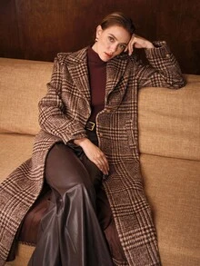 MOTF PREMIUM FALL WINTER WOOL PLAID OVERCOAT - Coffee Brown - View 8