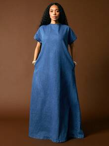 Vixey Cuffed Drop Shoulder Sleeve Deep Open V Neck Back Maxi Denim Dress