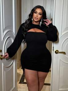 NU&NOW Plus Size Women Solid Color Cropped Lantern Sleeve Sweater And Drawstring Tube Top Knit Dress Set, Fashion