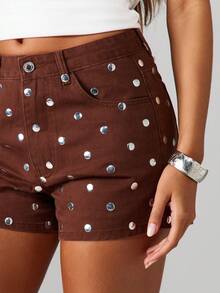 MISSGUIDED High Rise Hot Pants Denim Shorts With Silver Polka Dot Studs Western Cowgirl Festival Summer Statement Details - Coffee Brown - View 4