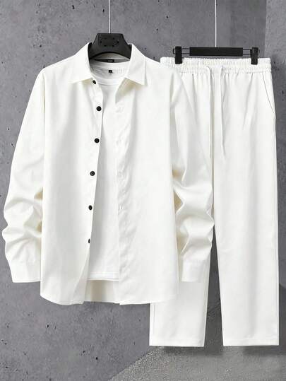 Manfinity Homme 男士休闲纯色衬衫长裤两件套 男士休闲上衣和裤子套装 男士白色西装套装 男士衬衫套装 男士两件套 白色，秋季服装