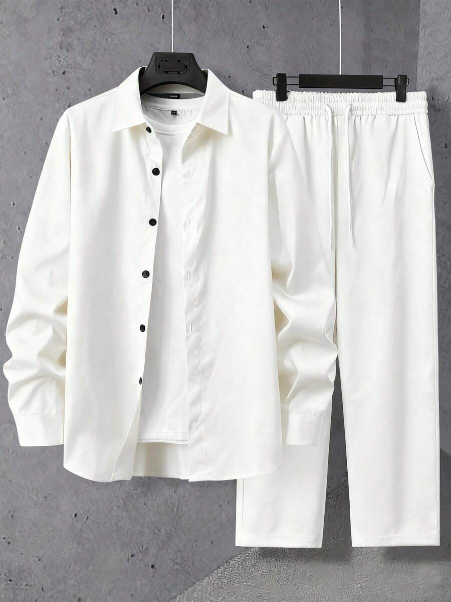 Manfinity Homme 男士休闲纯色衬衫长裤两件套 男士休闲上衣和裤子套装 男士白色西装套装 男士衬衫套装 男士两件套 白色，秋季服装