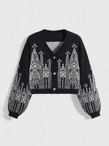 ROMWE Áo khoác cardigan dáng rộng dáng dài màu tối kiểu Gothic Church Jacquard dành cho nữ - màu đen - Xem 1