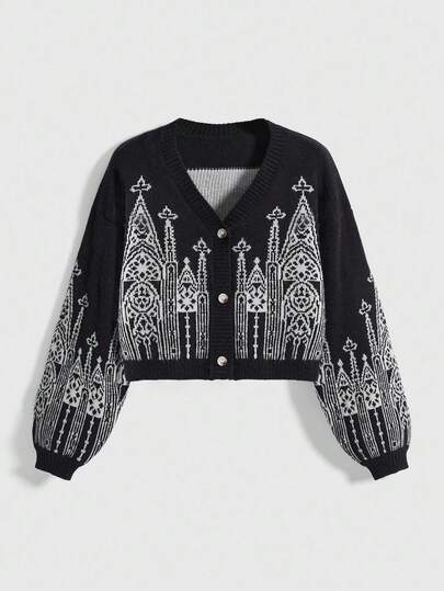 Goth Cardigan court ample en jacquard gothique sombre pour femmes