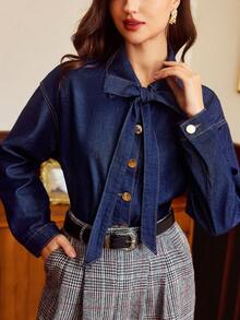 Vintamour Women's Fall/Winter Knotted Collar Drop Shoulder Long Sleeve Single-Breasted Casual Denim Blouse,Casual Chic Long Sleeve Denim Blouse For Women Featuring A Bow Collar And Unique Button Accents