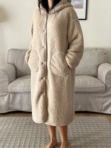 DAZY 女士加厚抓绒连帽长袍，冬季保暖蓬松 - 駝色 - 查看 8