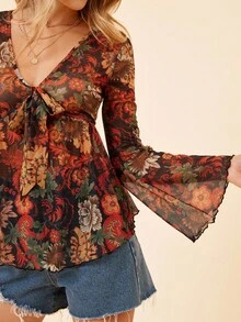 Coeurva Floral Print Knot Front Flounce Sleeve Peplum Blouse,Long Sleeve Tops - Black - View 4
