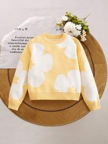 SHEIN Tween Girl Oversized Floral Pattern Sweater, Winter Christmas Halloween Sweater Autumn Fall Jumper - Yellow - View 3